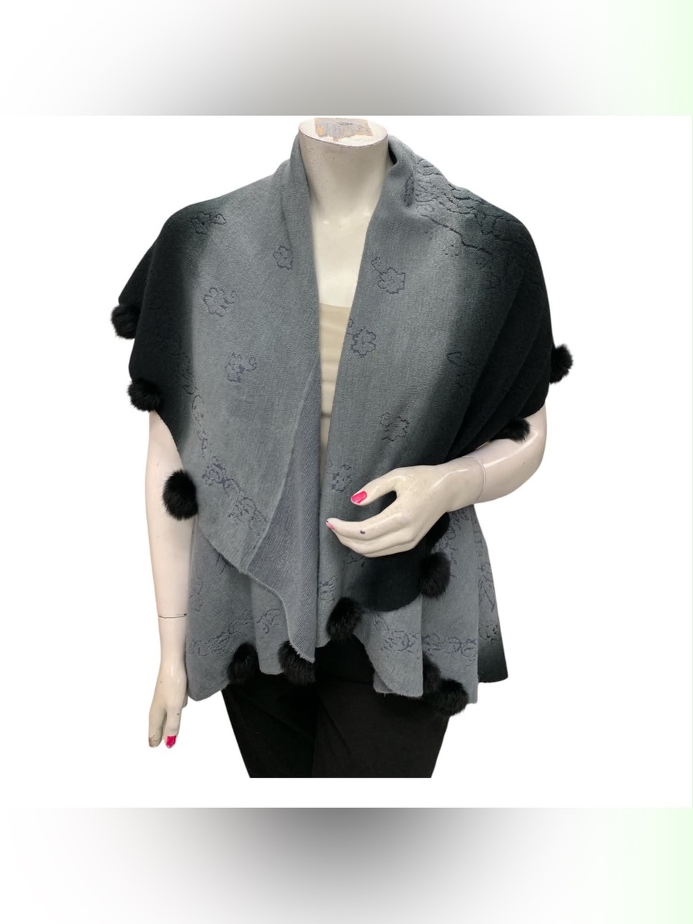 Gray Gradient Pom-Pom Shawl Sweater Wrap Size O/S
